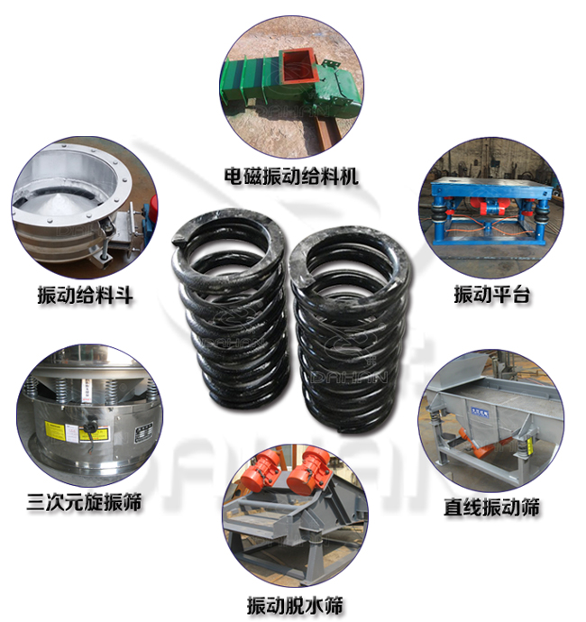 旋振篩減震彈簧適用產(chǎn)品：振動(dòng)給料機(jī)，電磁振動(dòng)給料機(jī)，振動(dòng)平臺(tái)，直線振動(dòng)篩，振動(dòng)脫水篩，三次元旋振篩。