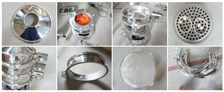 不銹鋼振動篩結構展示：防塵蓋，出料口，閘門，篩網于彈跳球，底座，振動彈簧等。