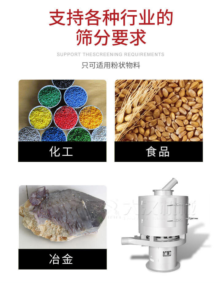 氣流篩用于礦粉，石墨粉，活性納米碳酸鈣，鋁灰，大豆粉，碳酸重鈣，石墨粉，木粉，干草，重金石粉，藥粉末，橡膠顆粒，草酸鹽，干料粉，木粉，聚酯粉，干粉，塑料，金屬粉末，橡膠粉，粉煤灰，石墨粉，陶瓷粉，鋅粉，石英粉，石灰粉，鐵粉，金屬硅粉等。
