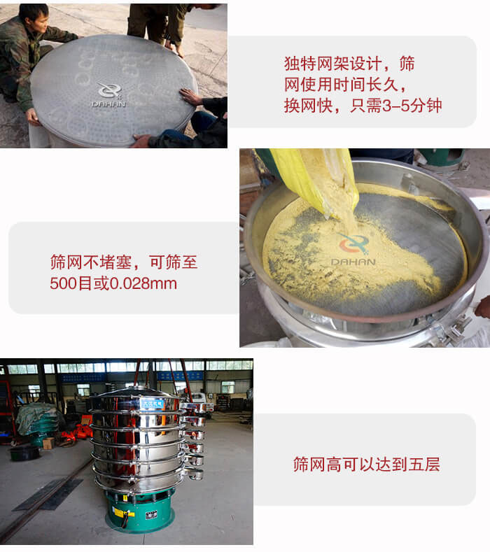 三次元振動篩的特點：篩網(wǎng)使用時間長換讓時間短，篩網(wǎng)不堵塞，可篩至500目或0.028mm。