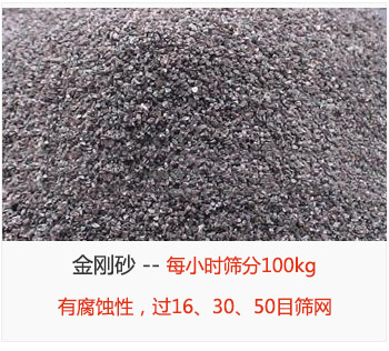 篩分金剛砂每小時100kg，有腐蝕性，過16、30、50目篩網(wǎng)