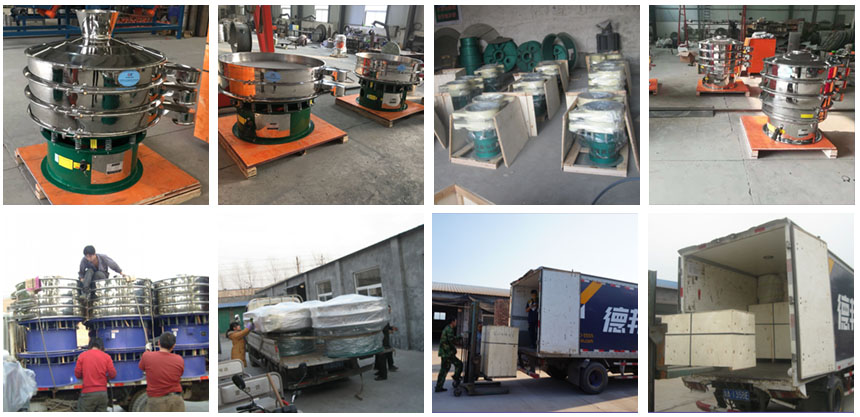 不同型號的圓形旋振篩裝車發(fā)貨現場