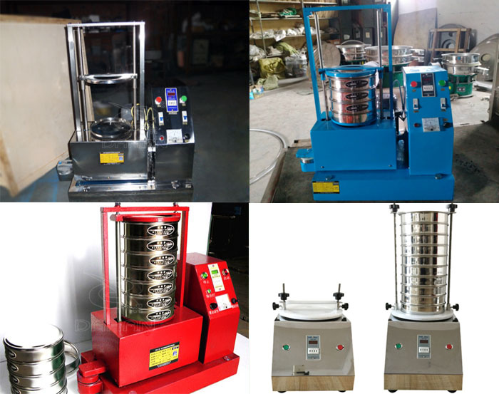 三種不同類型的試驗(yàn)篩，區(qū)別控制臺(tái)在下部或在右側(cè)。材質(zhì)為不銹鋼和碳鋼兩種，碳鋼材質(zhì)做了噴漆有：紅色和藍(lán)色兩種。