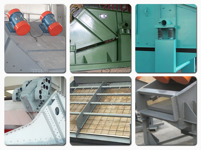 礦用振動篩主要由激振器、篩體、篩網(wǎng)、減振裝置及座架等組成。篩箱由篩框、篩板、襯板等組成